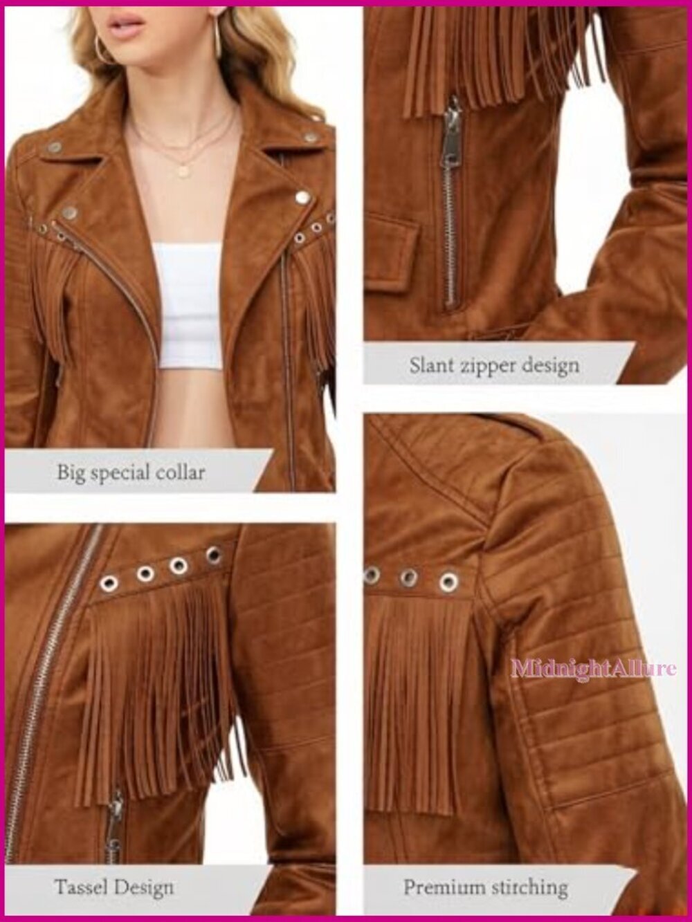 Short Faux Leather Moto Jacket with Tassel Trim and Belt - Picture 6 of 7